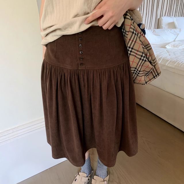 High-Waist Corduroy A-Line Skirt with Button Fly