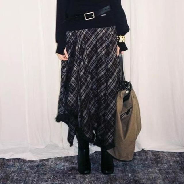 Plaid Asymmetrical Fringed A-Line Skirt