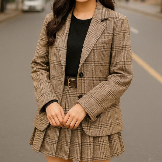 Plaid Pleated Mini Skirt & One-Button Blazer Set