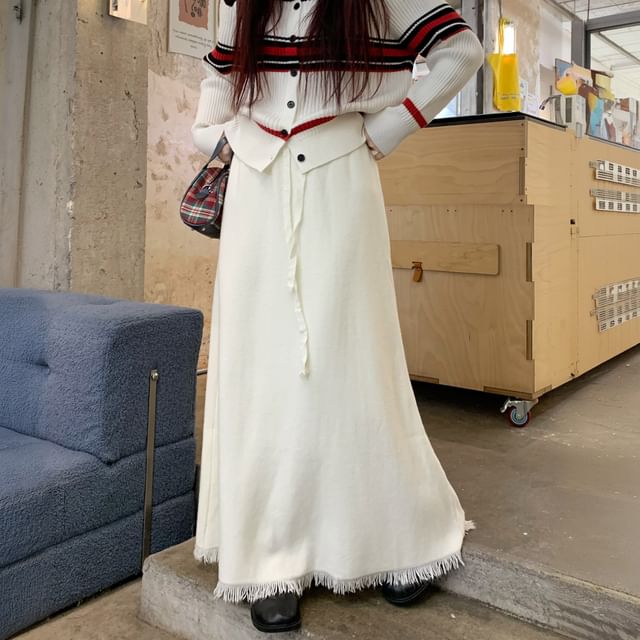 High-Waist Tassel Trim Midi Knit Skirt