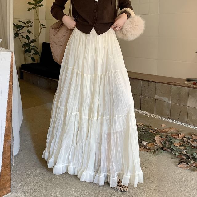 High-Waist Tiered Mesh Maxi Skirt
