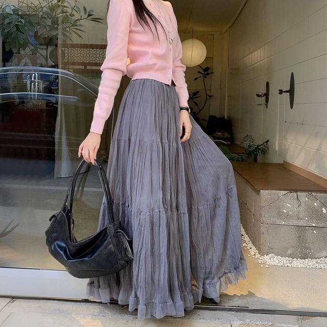 High-Waist Tiered Mesh Maxi Skirt