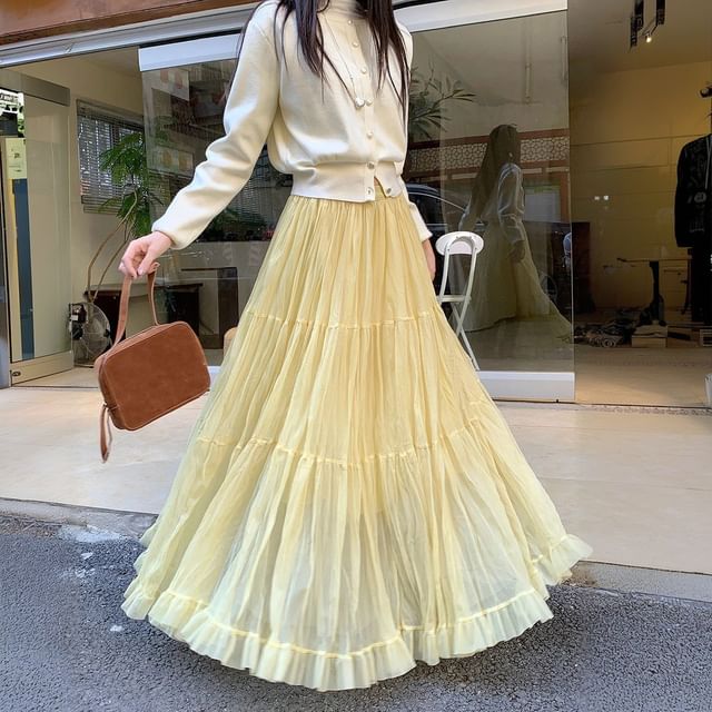 High-Waist Tiered Mesh Maxi Skirt