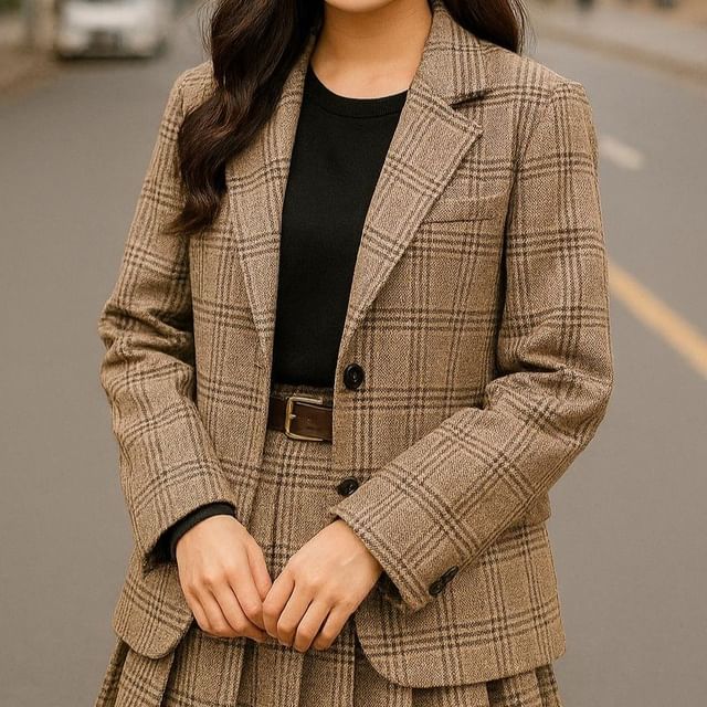 Plaid Pleated Mini Skirt & One-Button Blazer Set