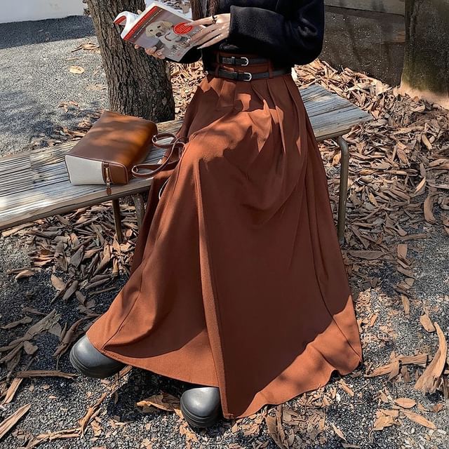 Mid-Waist Pleated Midi A-Line Skirt