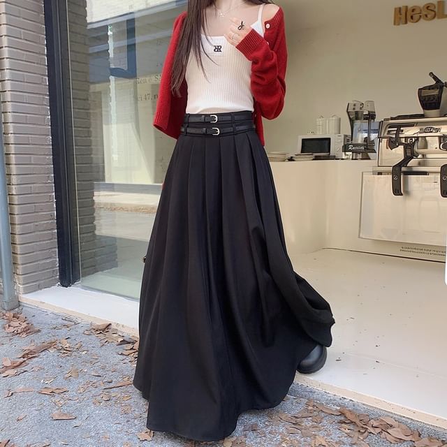 Mid-Waist Pleated Midi A-Line Skirt