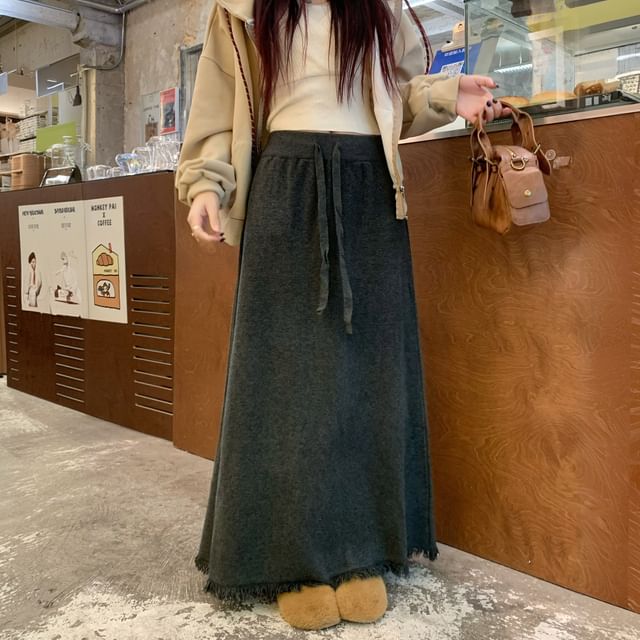 High-Waist Tassel Trim Midi Knit Skirt