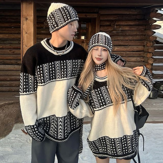 Couples' Round Neck Jacquard Knit Set with Beanie & Scarf