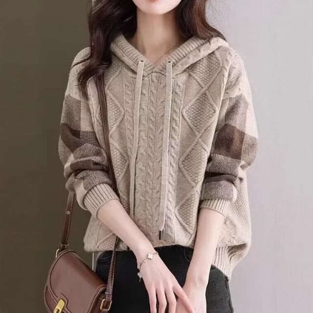 Plaid Hoodie with Cable Knit V-Neck Detail