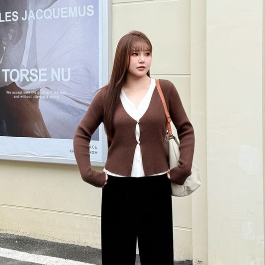 Ribbed Knit V-Neck Top with Mock Layer and Button Details