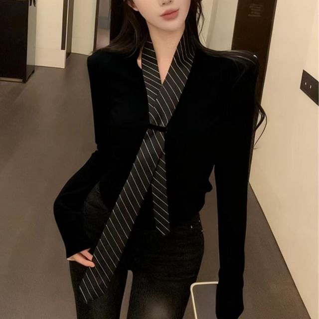Slim-Fit Crop Tee with Ruched V-Neck and Striped Tie