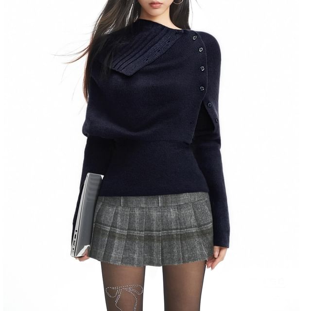Turtleneck Buttoned Knit Top & Pleated Mini Skirt Set