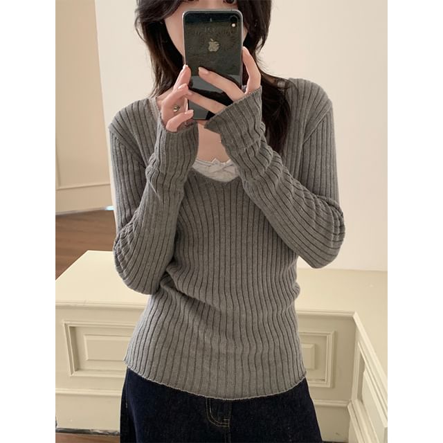 Long-Sleeve V-Neck Solid Knit Top