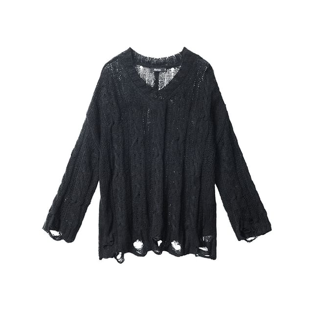 V-Neck Long-Sleeved Plain Distressed Loose-Fit Knit Top