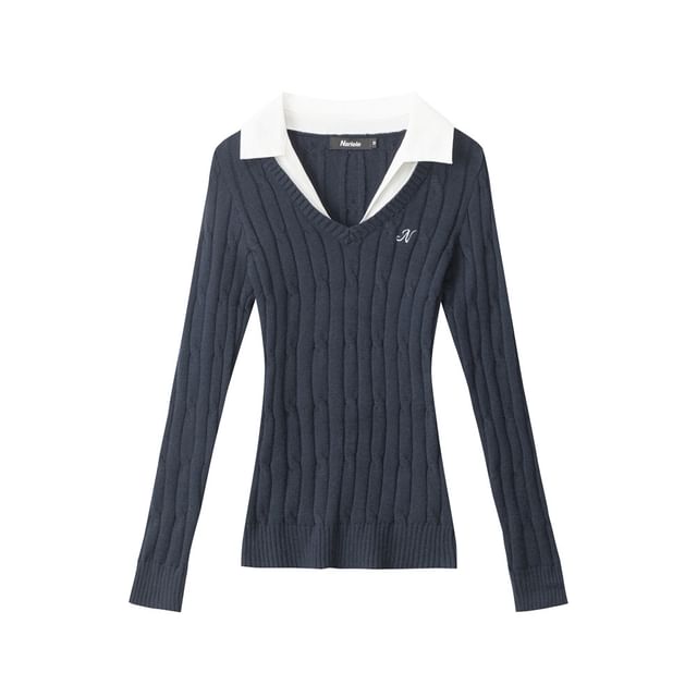 V-Neck Long-Sleeved Plain Cable-Knit Slim-Fit Top