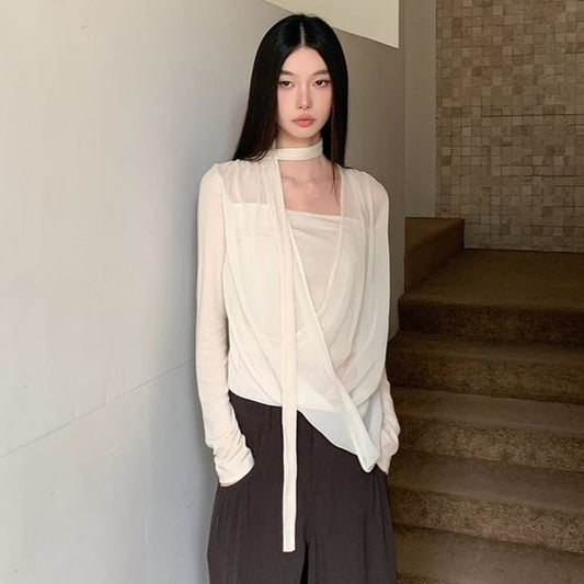 Mesh Wrap Top with Mock Layer and Long Sheer Sleeves