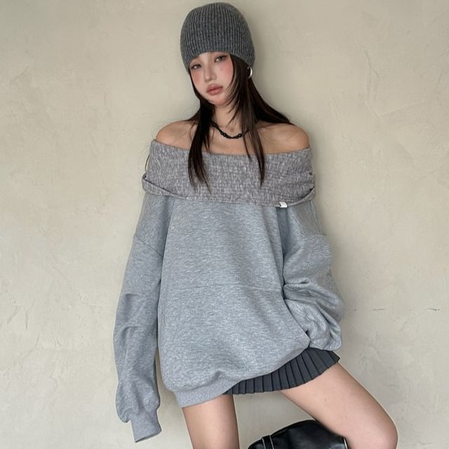 Off-Shoulder Paneled Hoodie with Drop Shoulder Sleeves