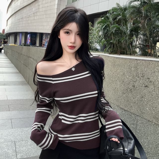 Striped Off-Shoulder Knit Top with Long Ruffled Sleeves