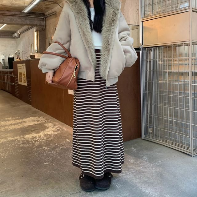 High-Waist Striped Maxi A-Line Skirt
