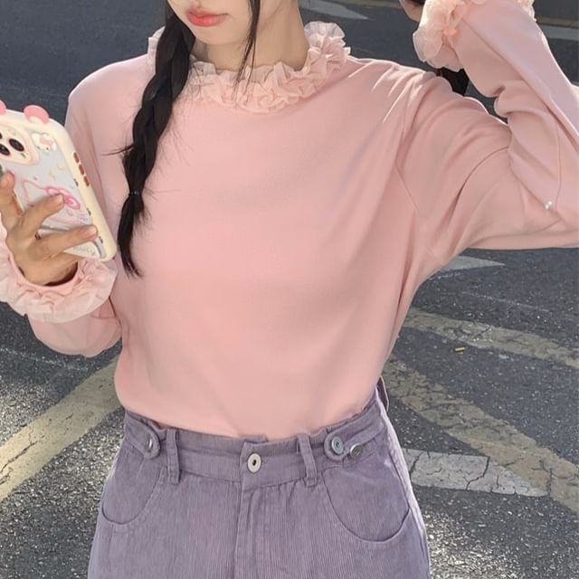 Ruffled Mock Neck Long-Sleeve Tee for Everyday Wear