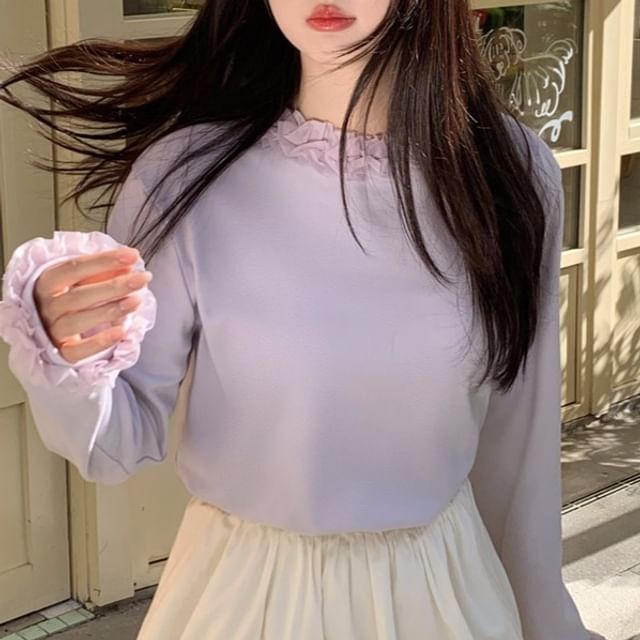 Ruffled Mock Neck Long-Sleeve Tee for Everyday Wear