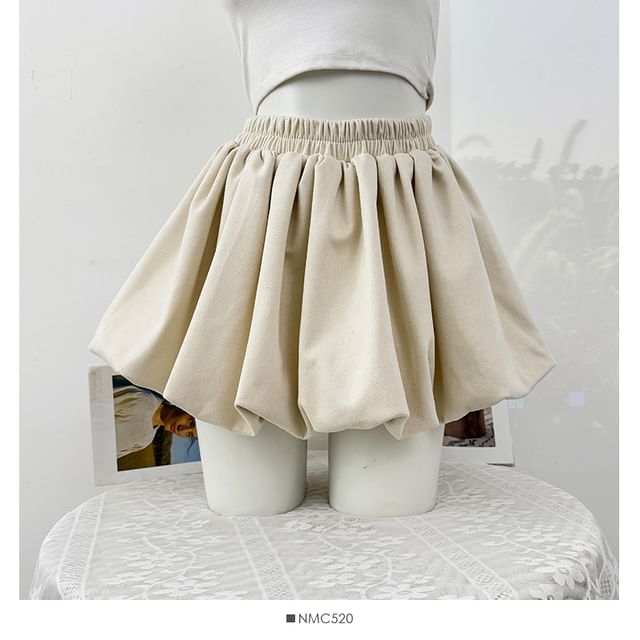 Elastic Waist Bubble Hem Faux Suede Mini A-Line Skirt