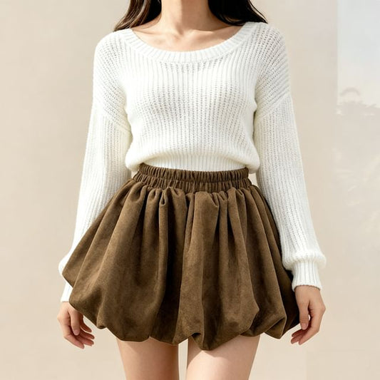 Elastic Waist Bubble Hem Faux Suede Mini A-Line Skirt
