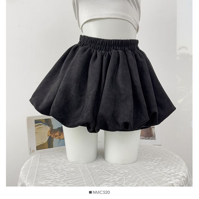 Elastic Waist Bubble Hem Faux Suede Mini A-Line Skirt