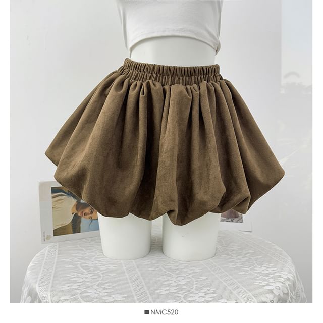 Elastic Waist Bubble Hem Faux Suede Mini A-Line Skirt