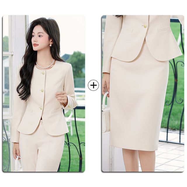 Round Neck Blazer & Midi Pencil Skirt & Slacks Set