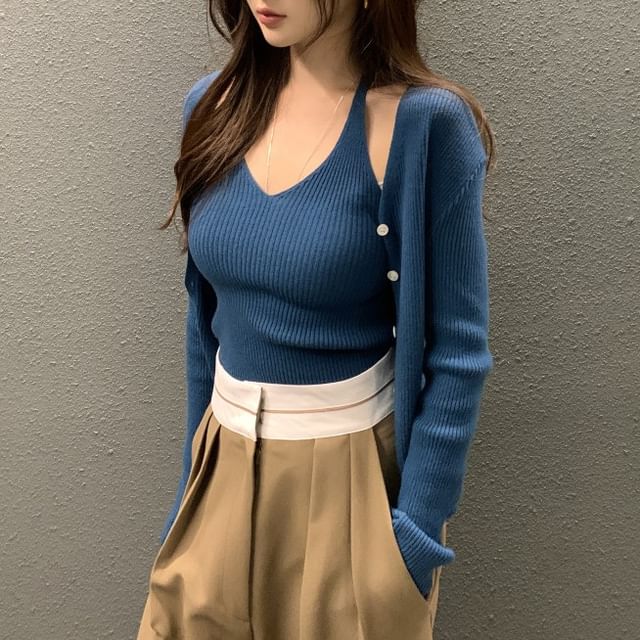 Trendy Halter Neck Crop Knit Top with Matching Cardigan