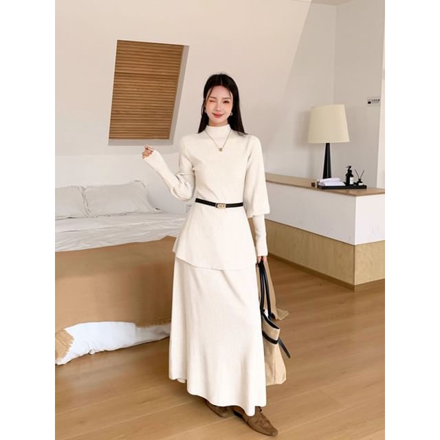 Elegant Crew Neck Knit Top & Flowing A-Line Skirt Ensemble