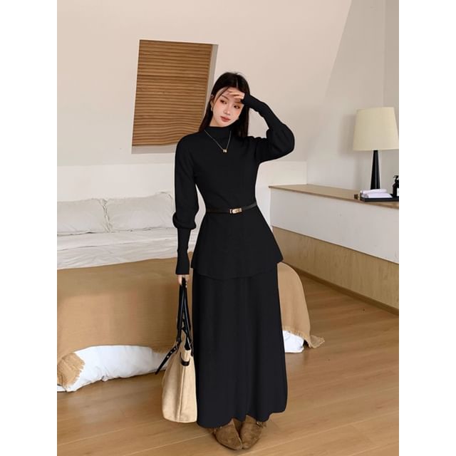 Elegant Crew Neck Knit Top & Flowing A-Line Skirt Ensemble
