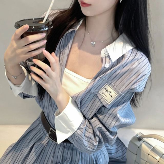 Long Sleeve Striped Button Up Shirt and Mini A-Line Skirt