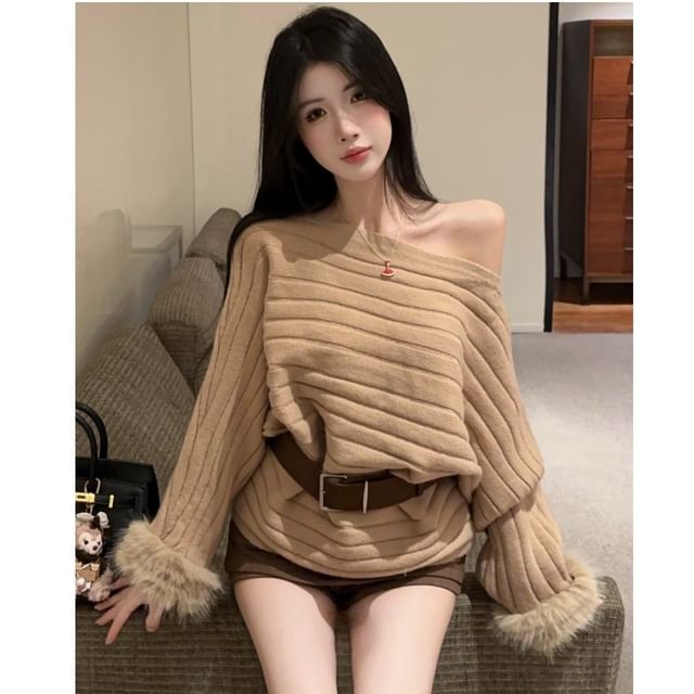 Chic Off-Shoulder Sweater with Fluffy Sleeves & Waist Belt
