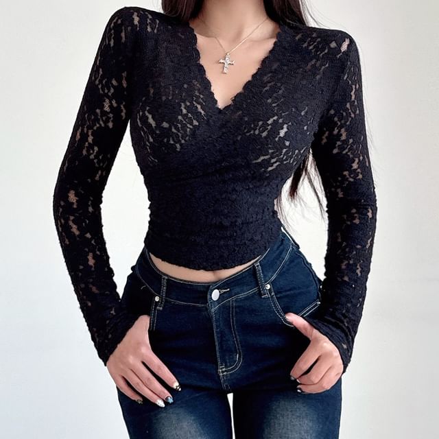 Lace-Trimmed V-Neck Crop Top with Long Sleeves
