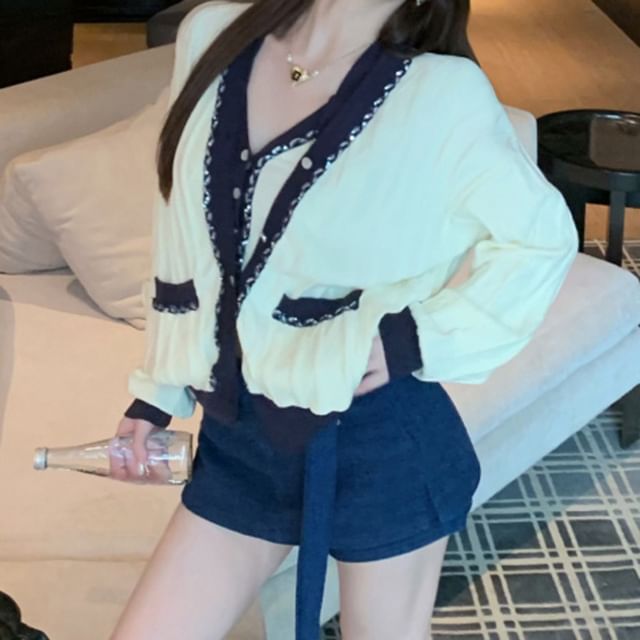 Contrast Trim Buckled V-Neck Knit Crop Camisole and Pencil Skirt with Cardigan