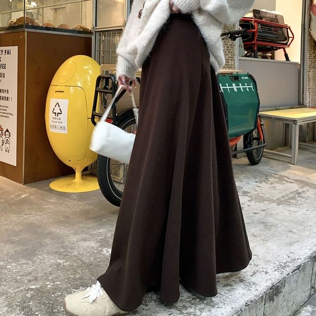 Fleece-Lined High Waist Plain Maxi A-Line Skirt