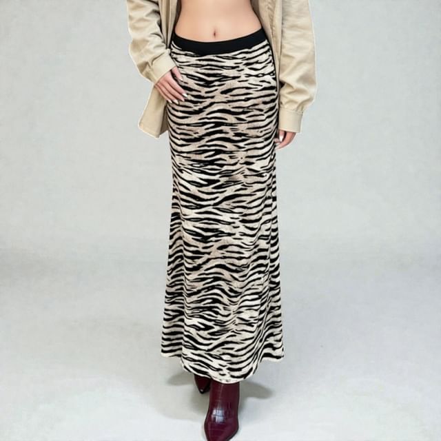 Mid-Rise Zebra Print Maxi Pencil Skirt
