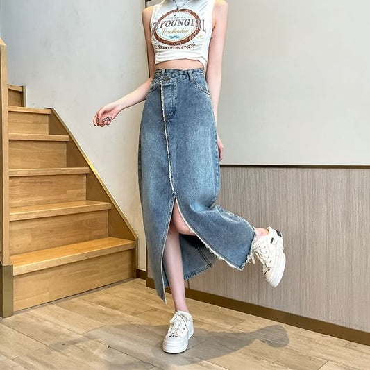 Asymmetrical Washed Denim Midi A-Line Skirt with Slit