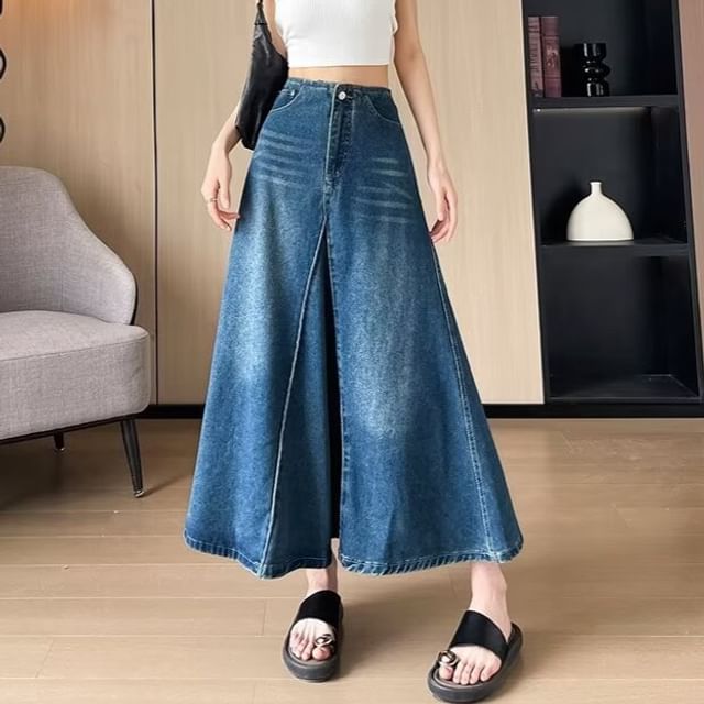 Washed Denim Midi A-Line Skirt