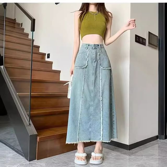 High Rise Washed Frayed Denim Midi A-Line Skirt