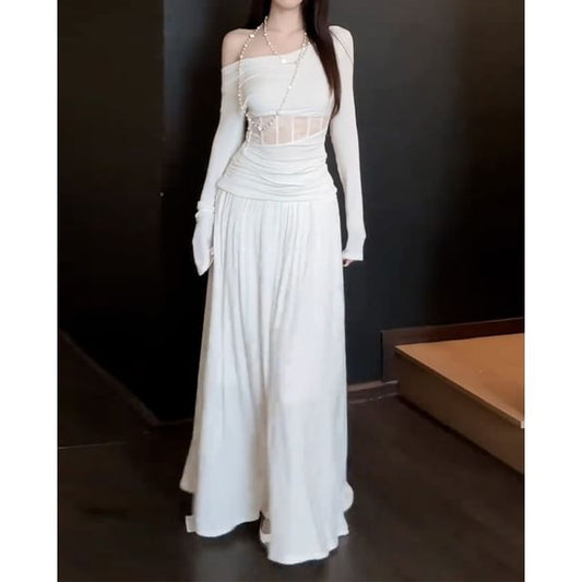 Off Shoulder Lace Panel Top and Maxi A-Line Skirt Set