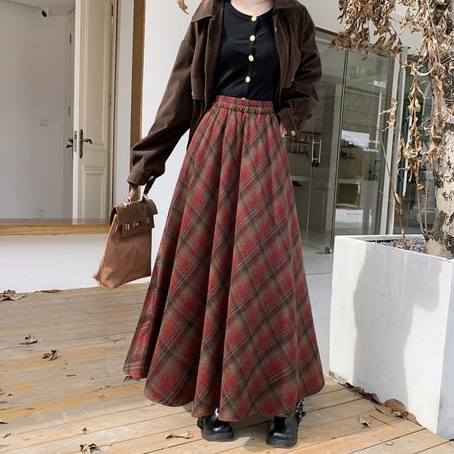 High Rise Plaid A-Line Maxi Skirt