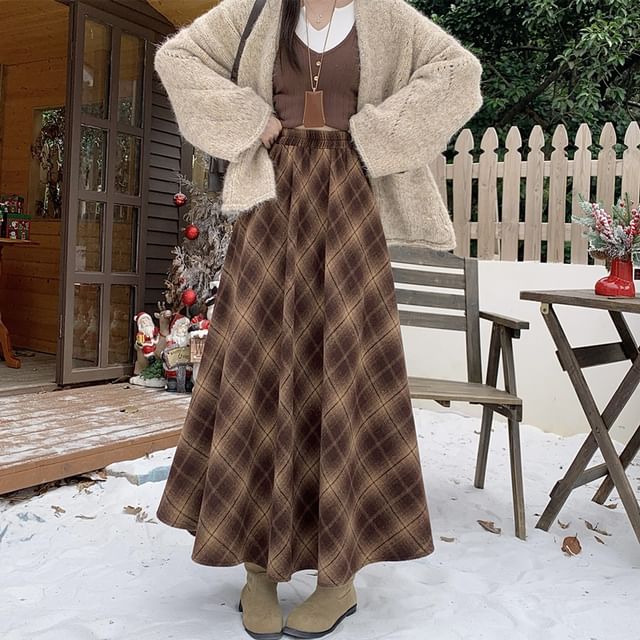 High Rise Plaid A-Line Maxi Skirt