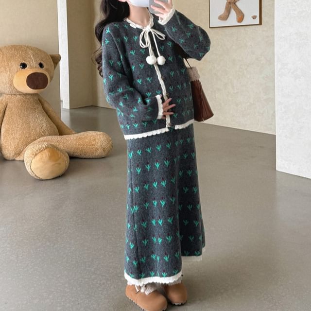 Jacquard Button Cardigan and High Waist Maxi A-Line Skirt Set