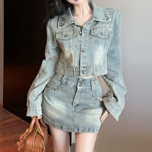 Collared Denim Jacket and Mini Skirt Set
