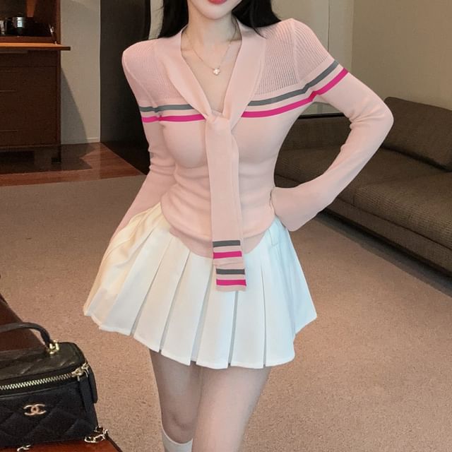 Striped Knit Long Sleeve Top and Pleated Mini Skirt