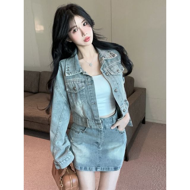 Collared Denim Jacket and Mini Skirt Set