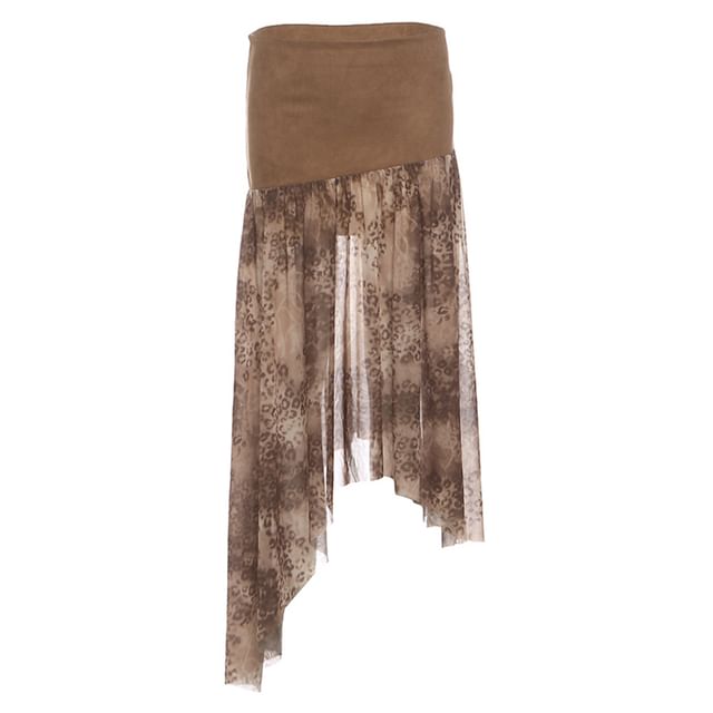 Leopard Print High Rise Asymmetrical Panel Midi A-Line Skirt